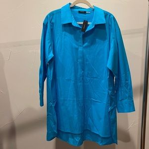 NWT Natori Aqua Blue Cotton Poplin Top Size XL